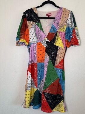 STAUD V-Neck Patchwork Bandana Print Mini Dress in Bright Multi color
